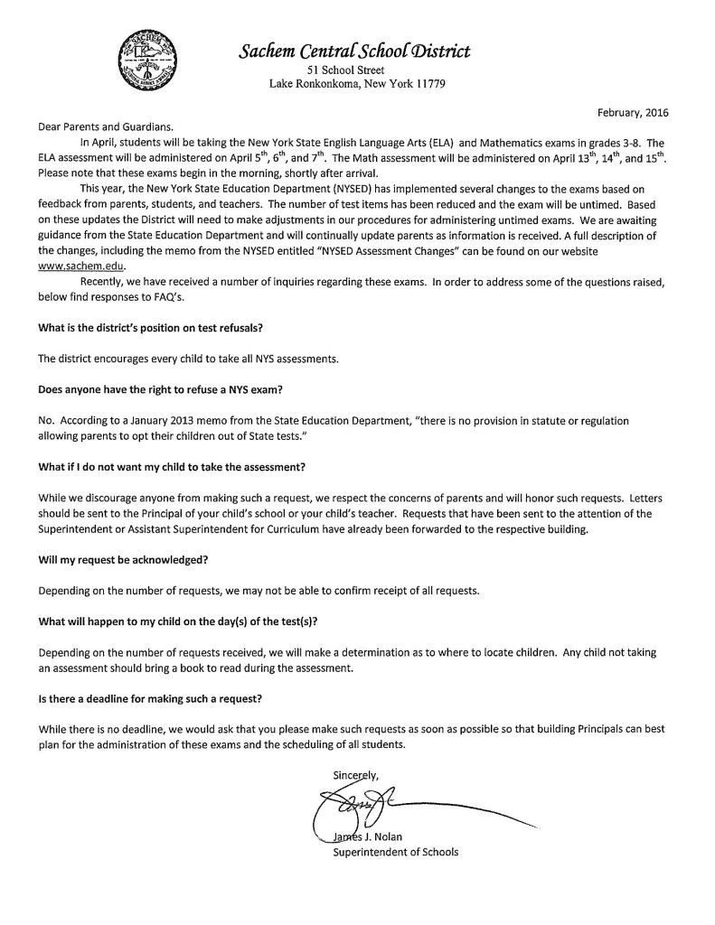 Letter from Sachem about NYS Assessments Sachem Report